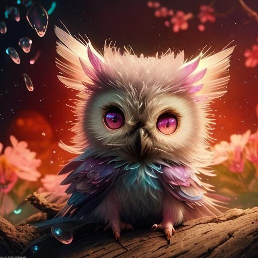 Dreamy Chibi Owl with Sakura Flowers in Surreal Neon Nature