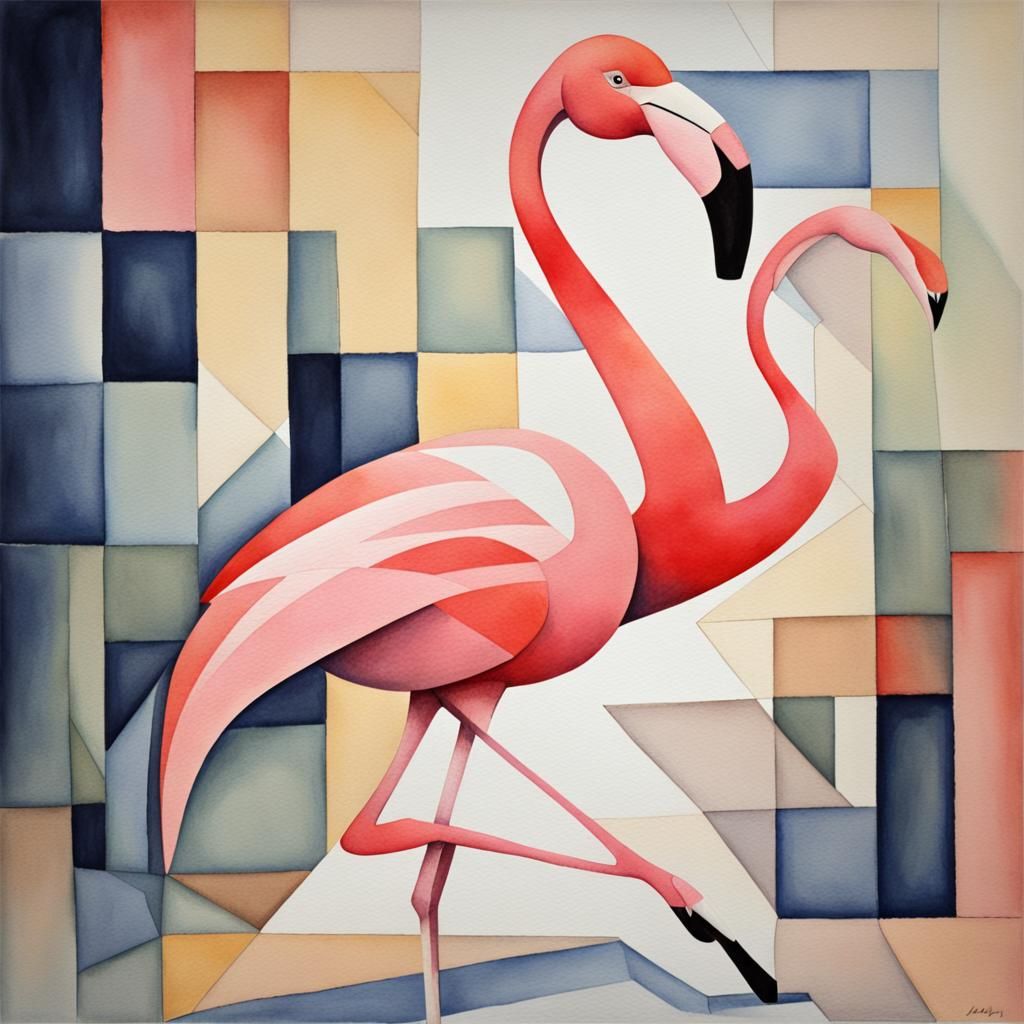 Cubist Flamingo Dance in Watercolor