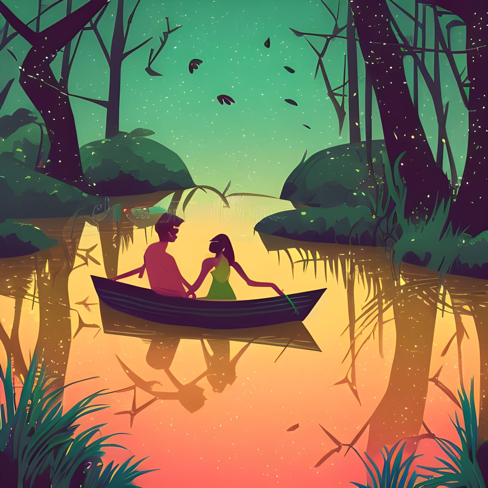 Couple in Magical Swamp: Vector Digital Illustration