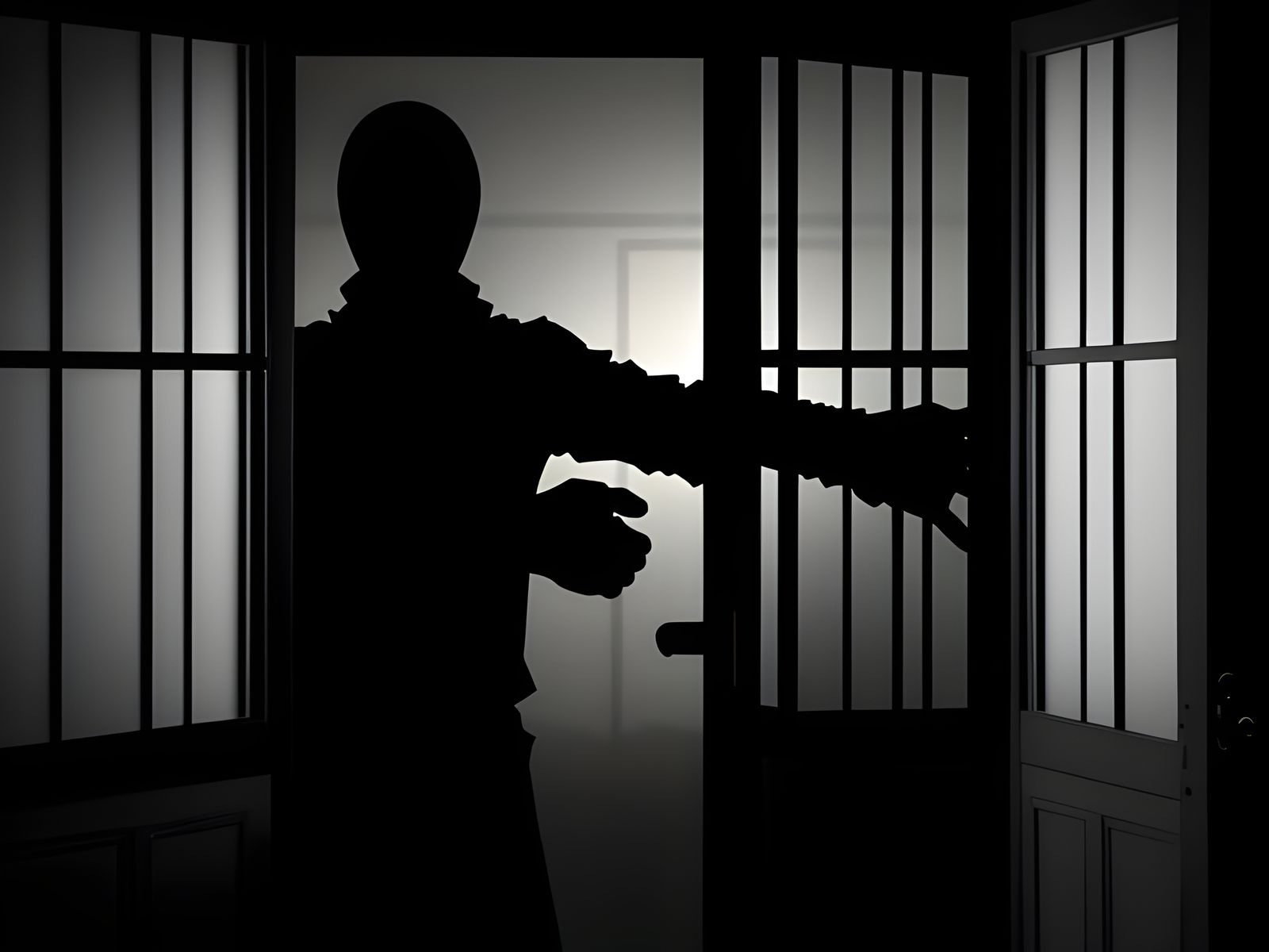 Mysterious Shadow Figure Silhouette on a Door at Night