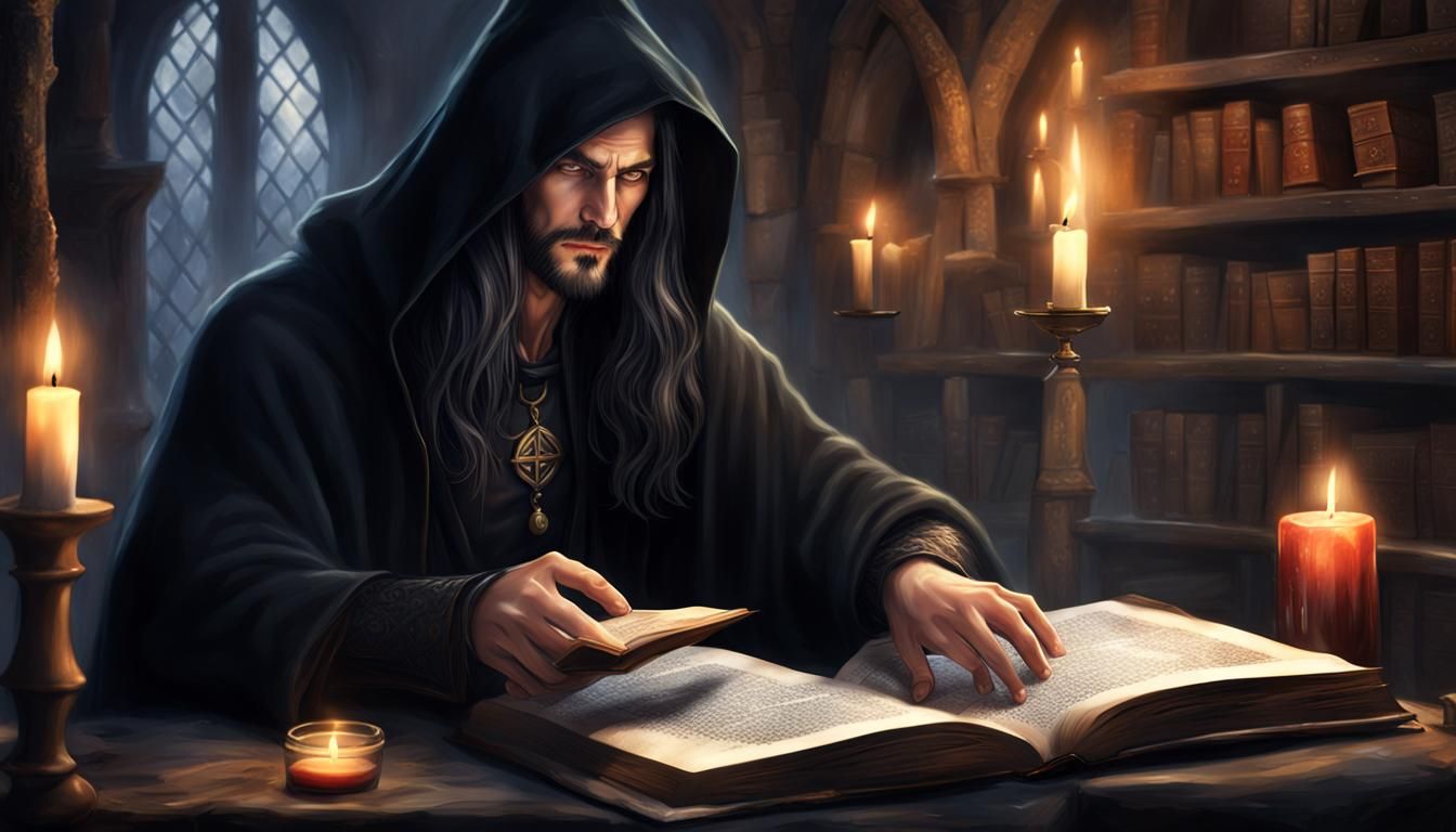 Handsome Male Witch Reading Book in Magical Study