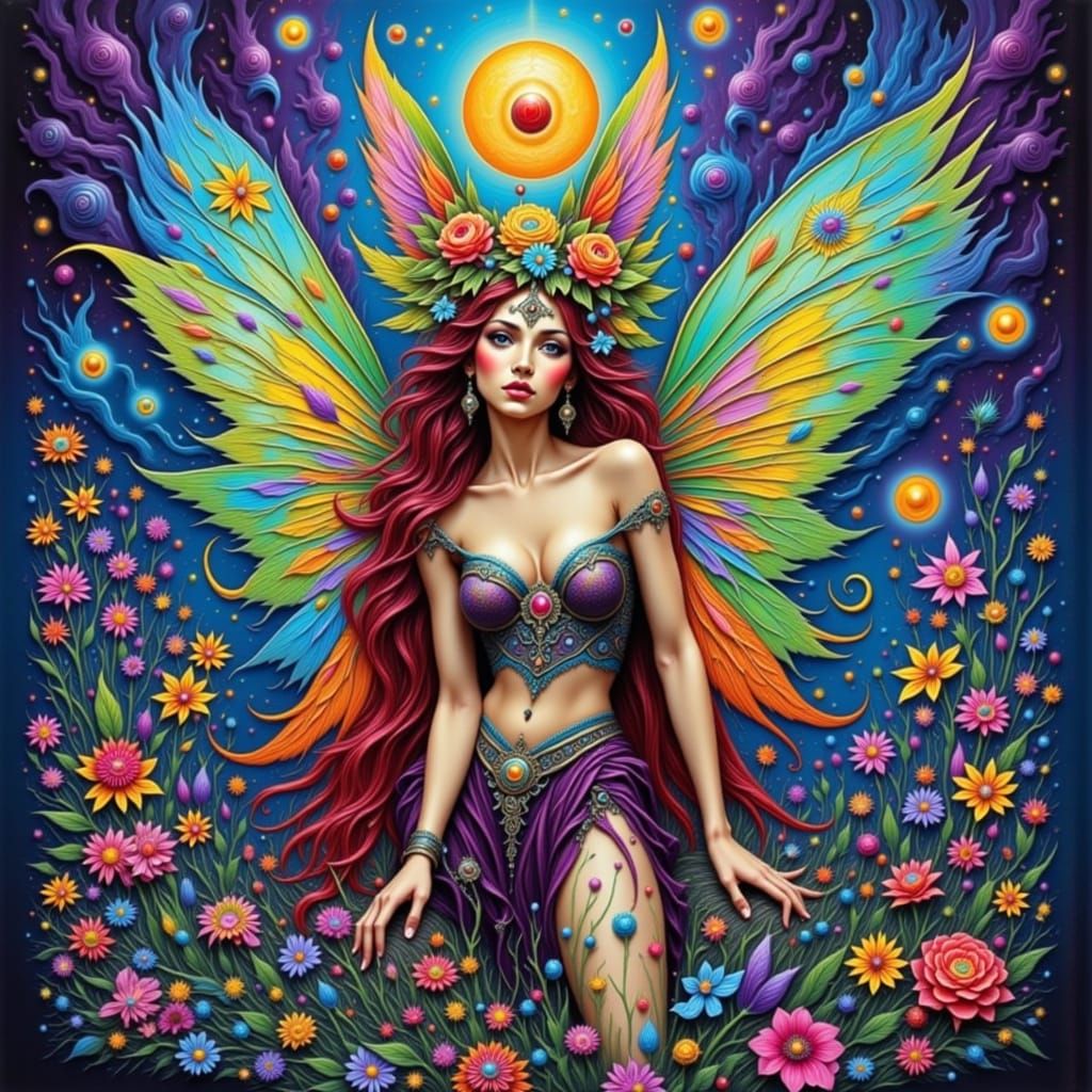 Psychedelic Fairy in Vibrant, Flowing Style