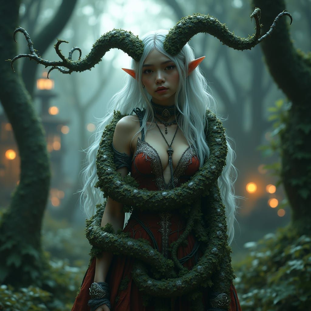 Whimsical Gothic Elf Woman Merges with Nature