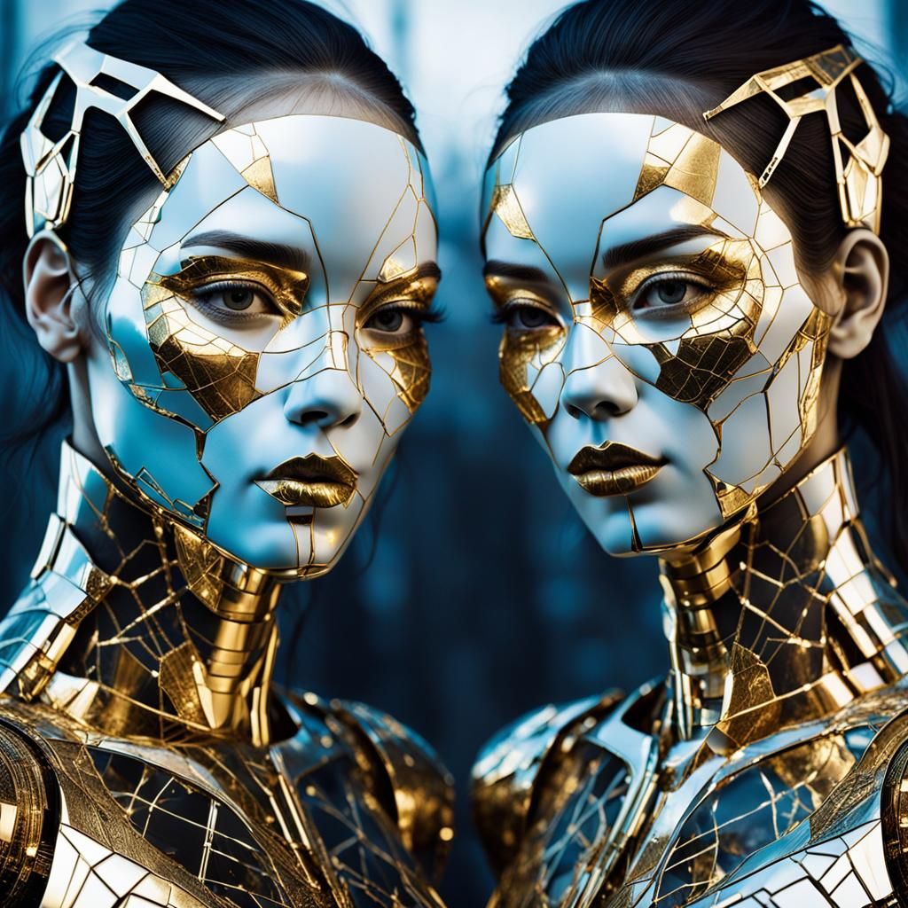 Cyberpunk Mecha Girl Couple in Kintsugi Style