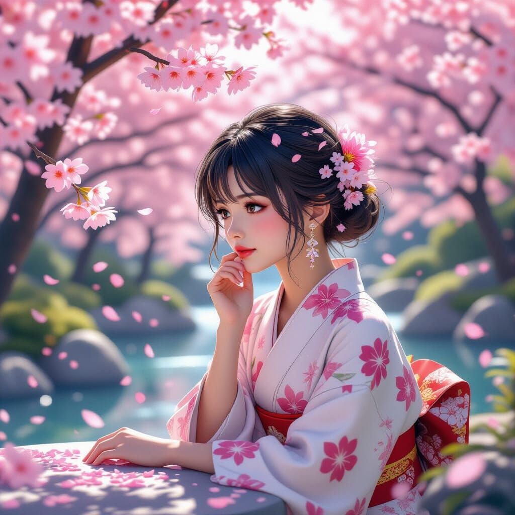 Anime Woman in Cherry Blossom Garden