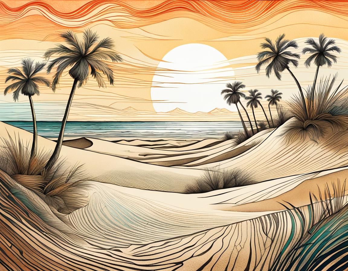 Surreal Turtle Beach Sunrise in Pen and Ink Style