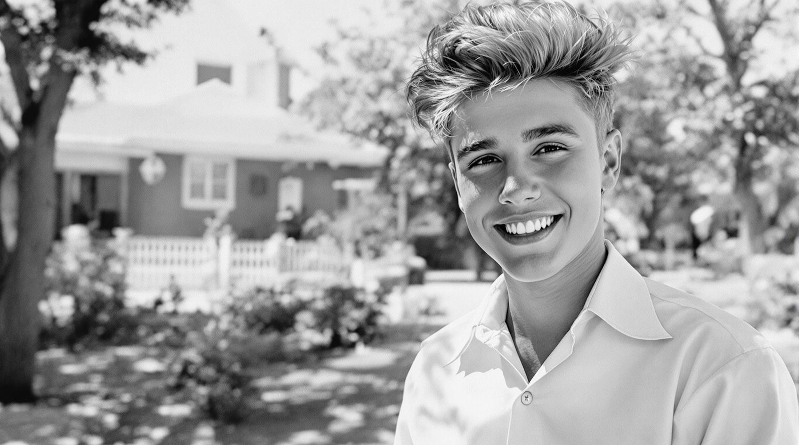Happy Young Justin Bieber as Beaver Cleaver in 1950s Suburb
