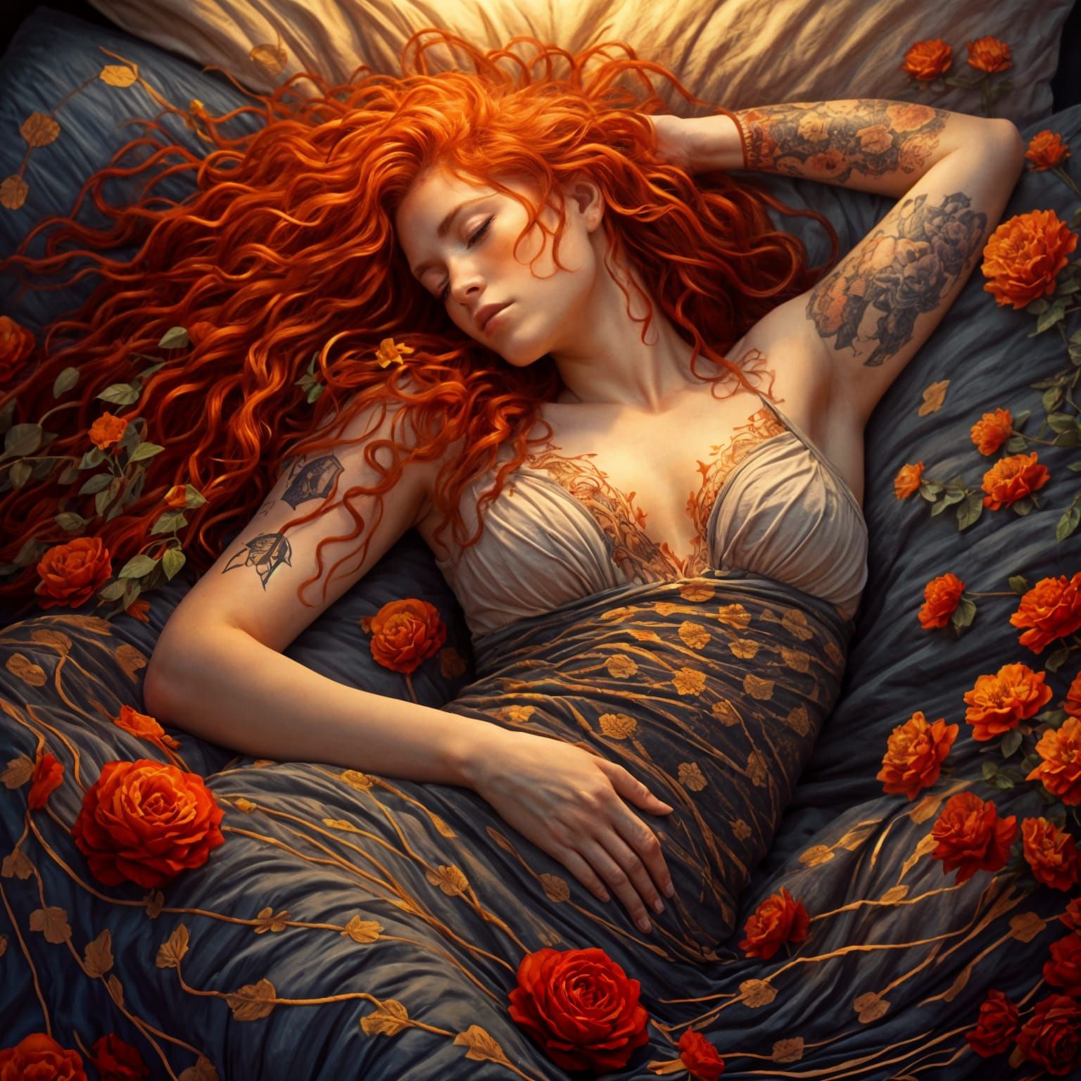 Tattooed Redhead Posing on Bed with LORA Model