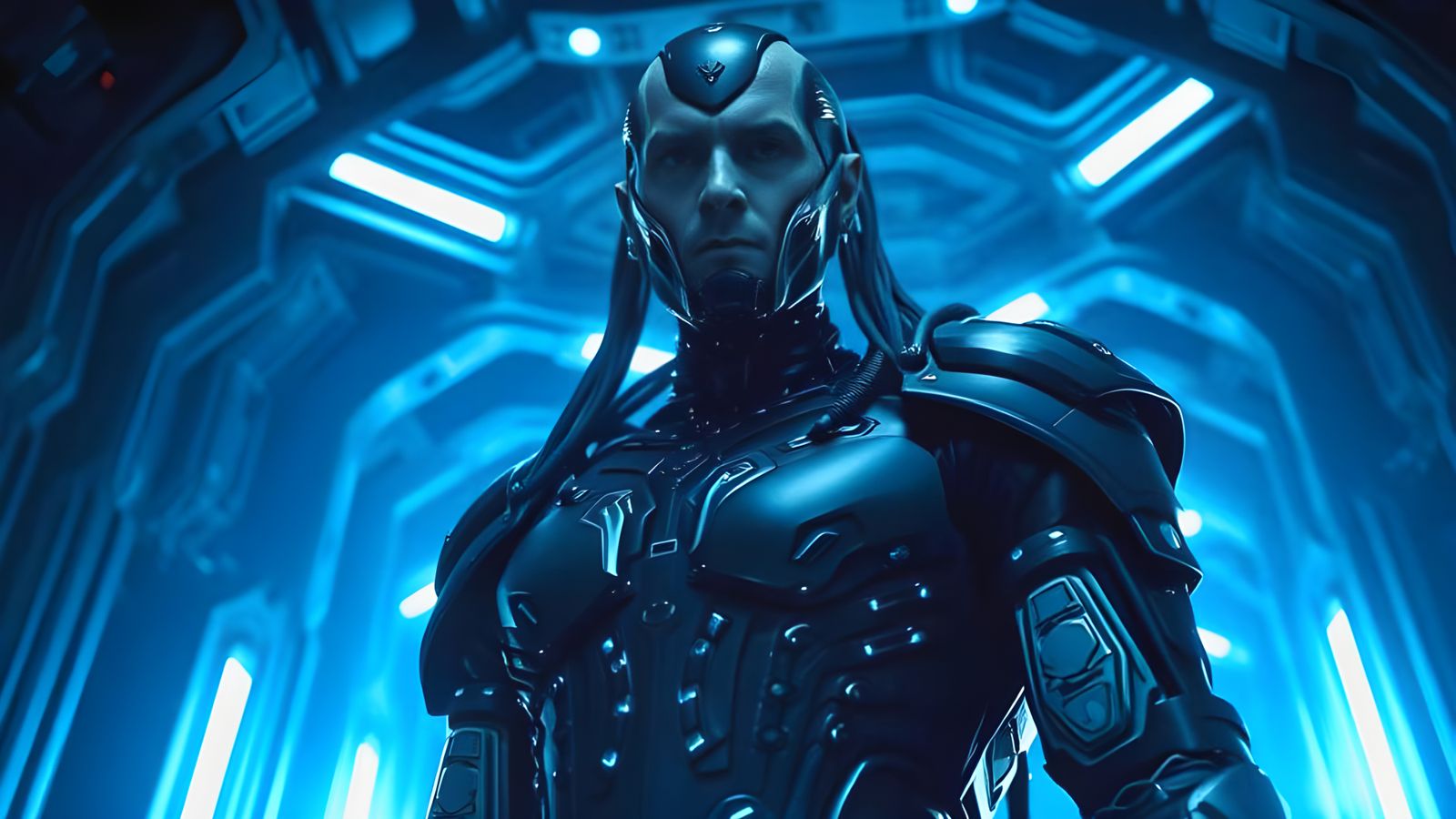 Photorealistic Locutus of Borg in Cyberpunk Chamber