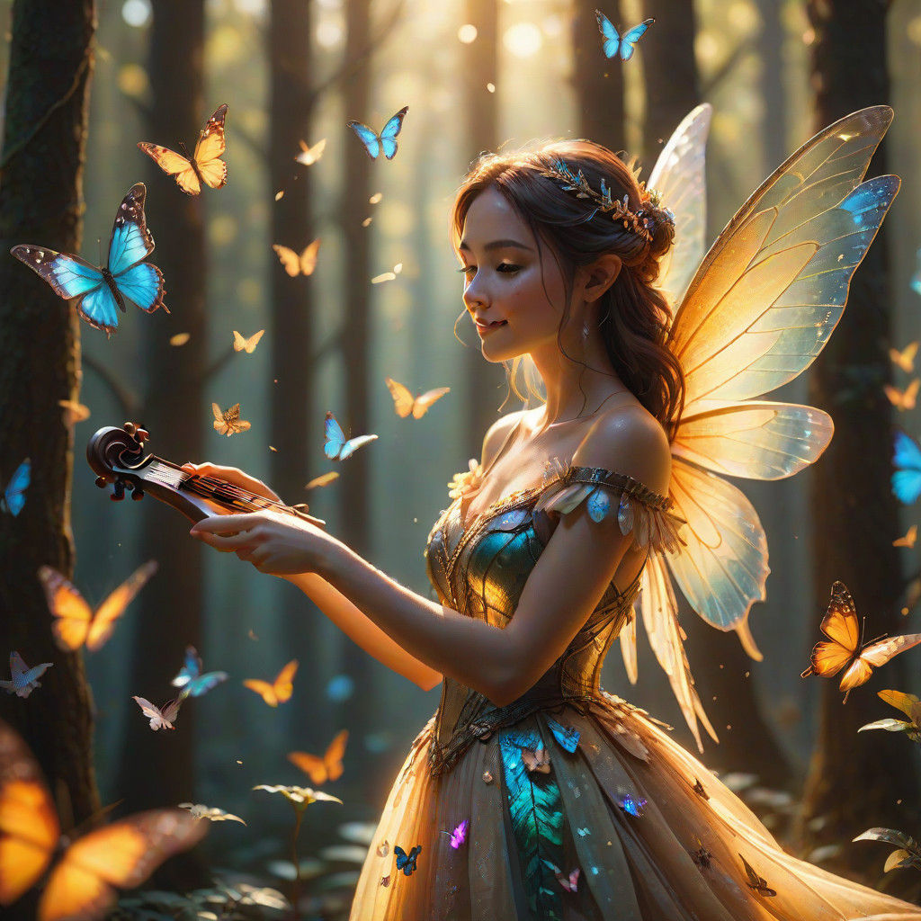 Exquisite Fairy in Sunlit Woodland, Surrounded by Vibrant Bu...
