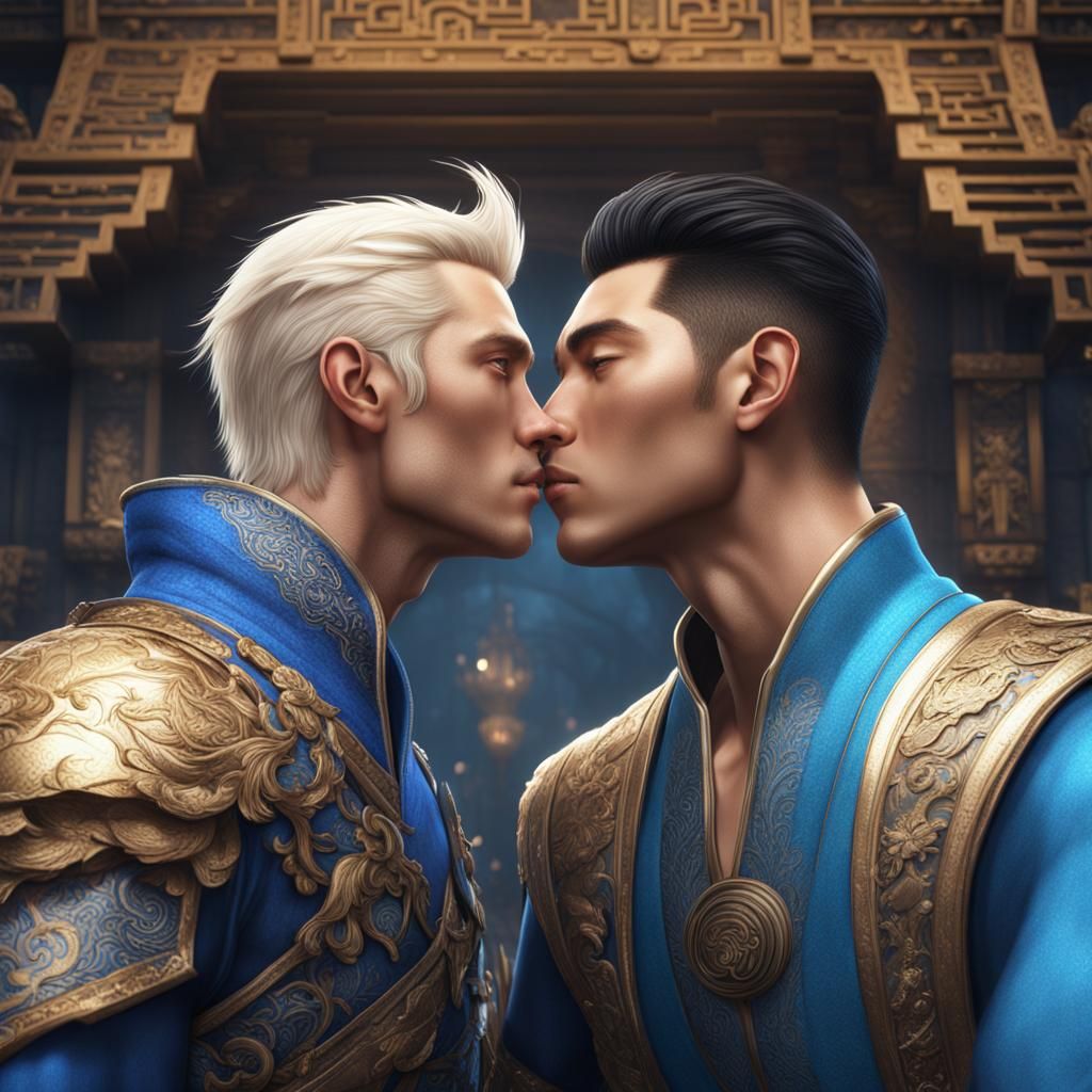 Asian Man Kissing Blond Man: Fantasy Concept Art