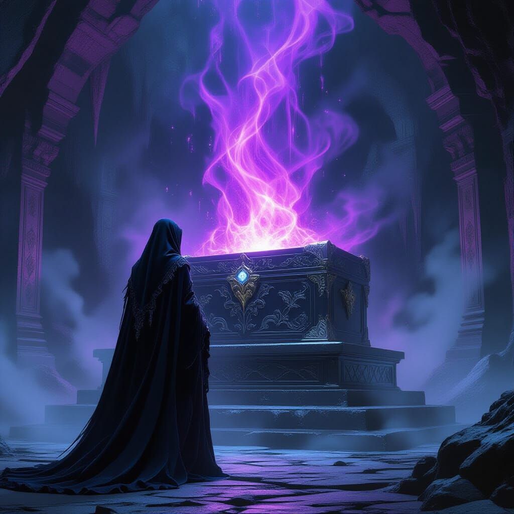 Drow Sorceress Before Glowing Treasure Chest