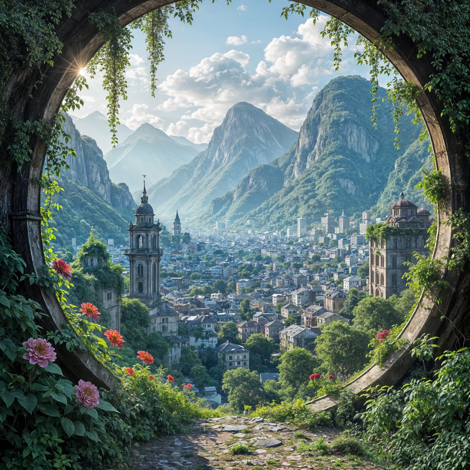 Lush Overgrown City with Wildlife and Distant Mountains