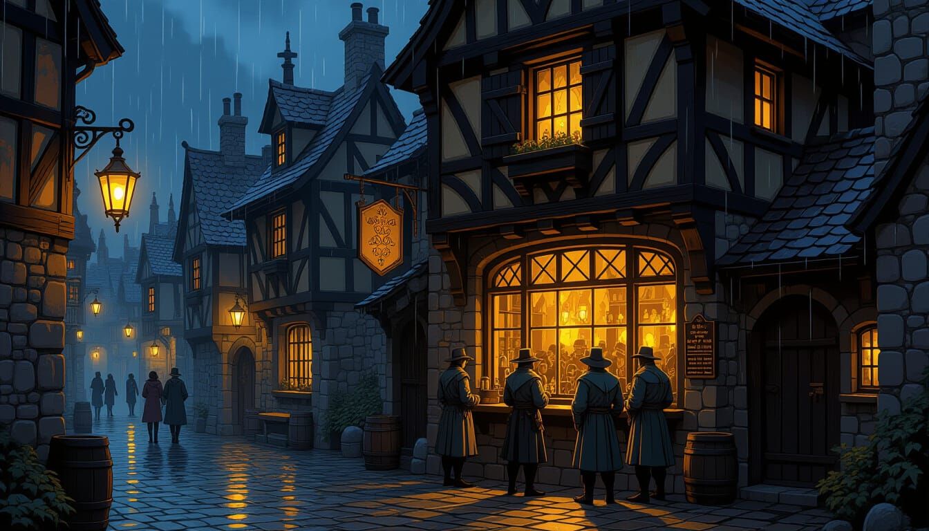 Rainy Medieval Night Scene with Tavern and Lanterns