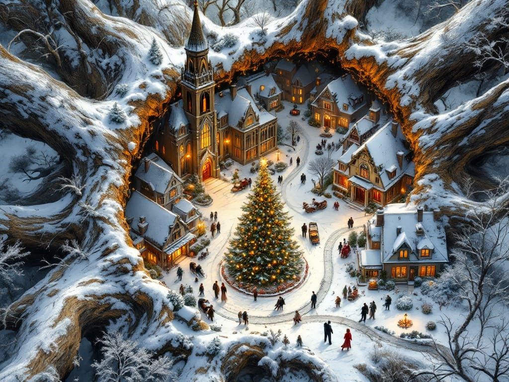 Enchanting Snowy Village Inside Fallen Tree, Painterly Style
