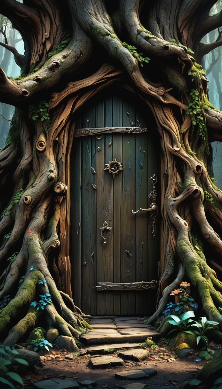 Puerta de hadas de madera instalada en la base de un tronco ...