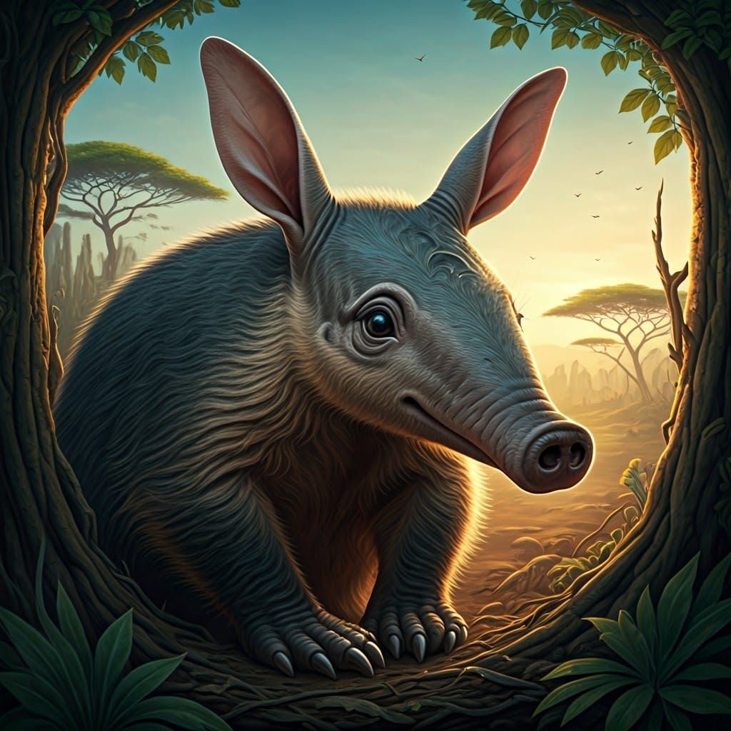 Whimsical Aardvark Portrait in African Landscape Style