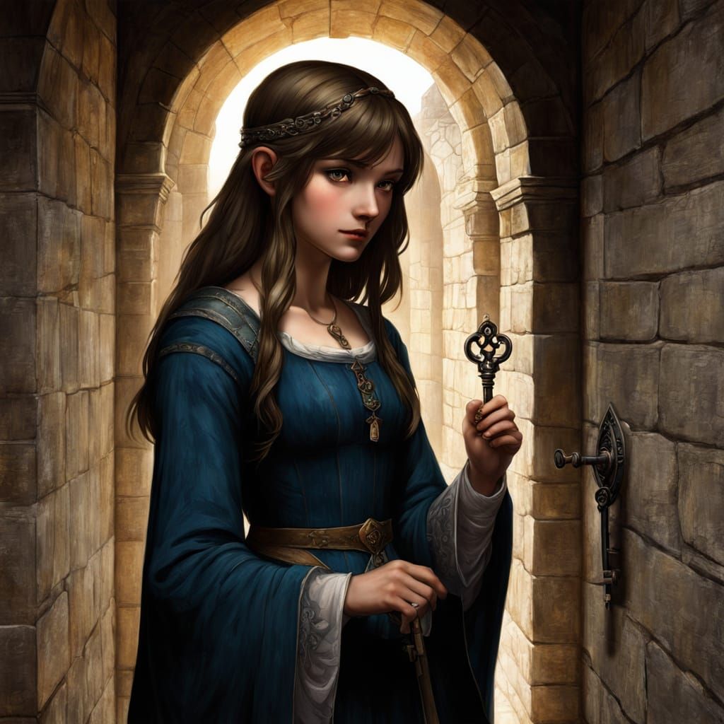Medieval Girl with Key in Castle Corridor, Chiaroscuro Anime...