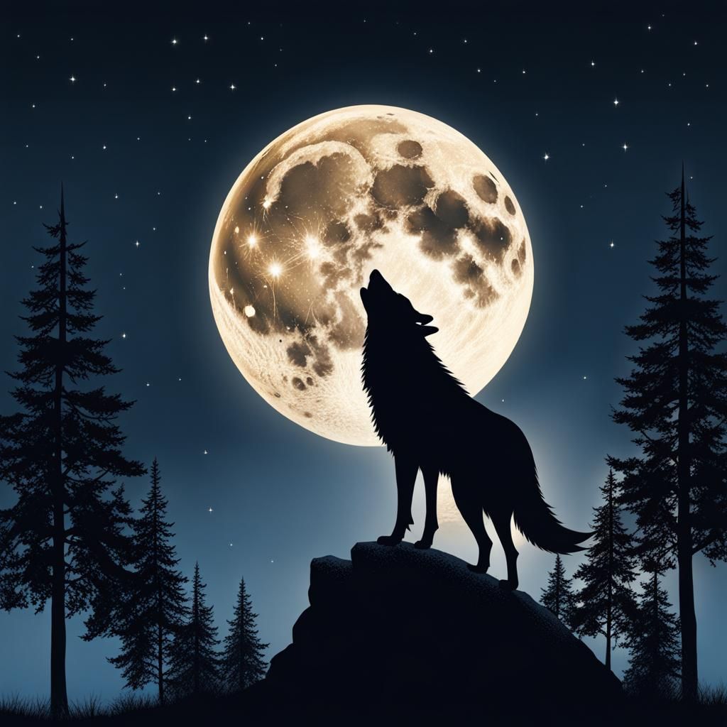 Wolf Howling at Moon in Night Landscape