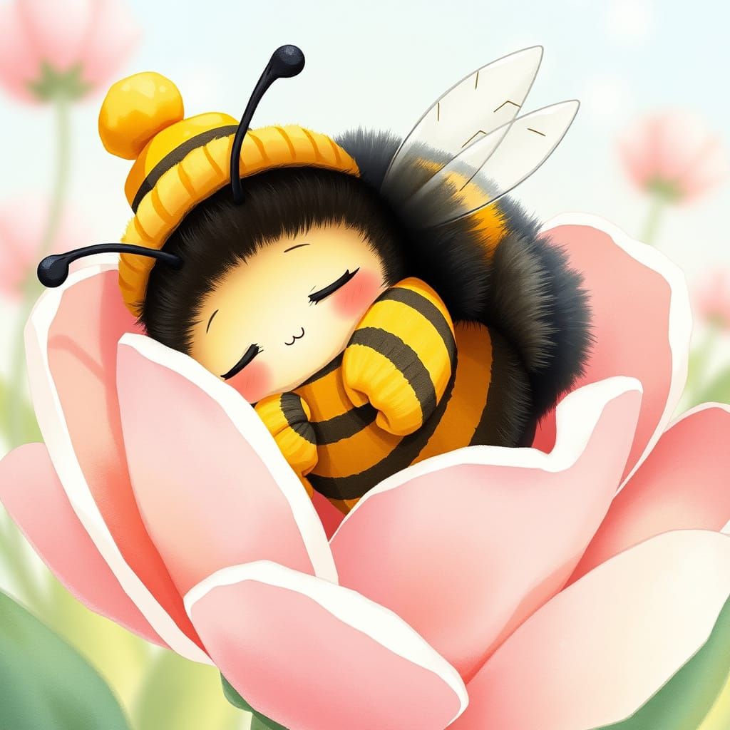 Kawaii Bumblebee Napping on Pink Flower, Animation Art