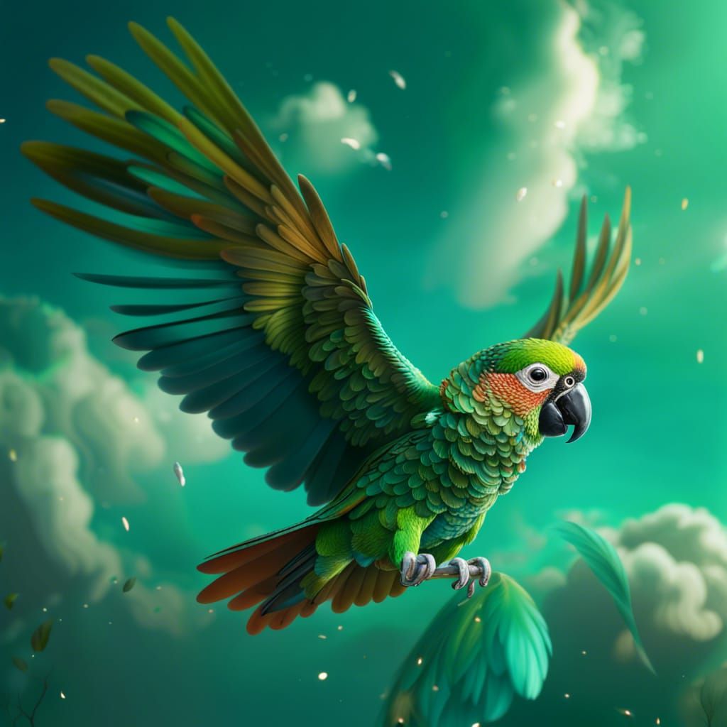 Green Conure in Flight: Fantasy Concept Art