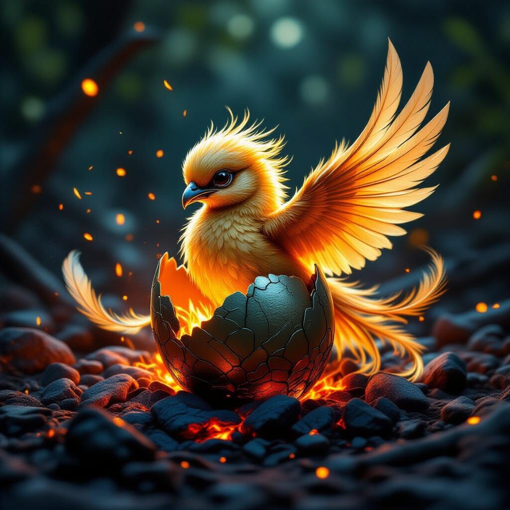 Golden Phoenix Hatching in Embers: Fantasy Art