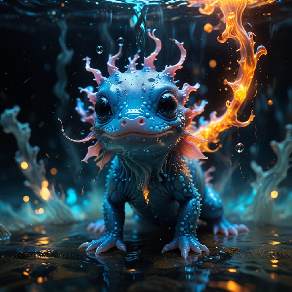 Surreal Baby Axolotl in a Blazing Fire-Water Vortex