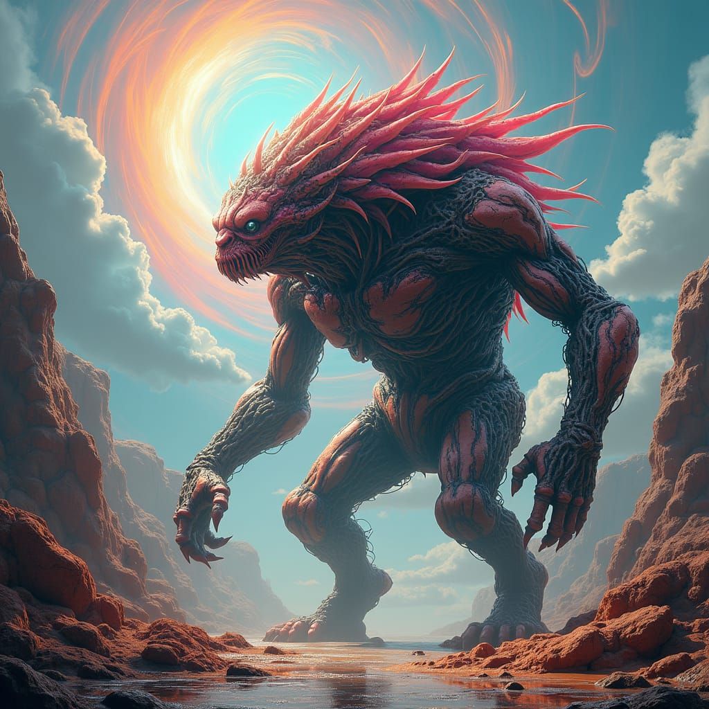 Psychedelic Robotic Beast in Dreamscape, Fantasy Concept Art