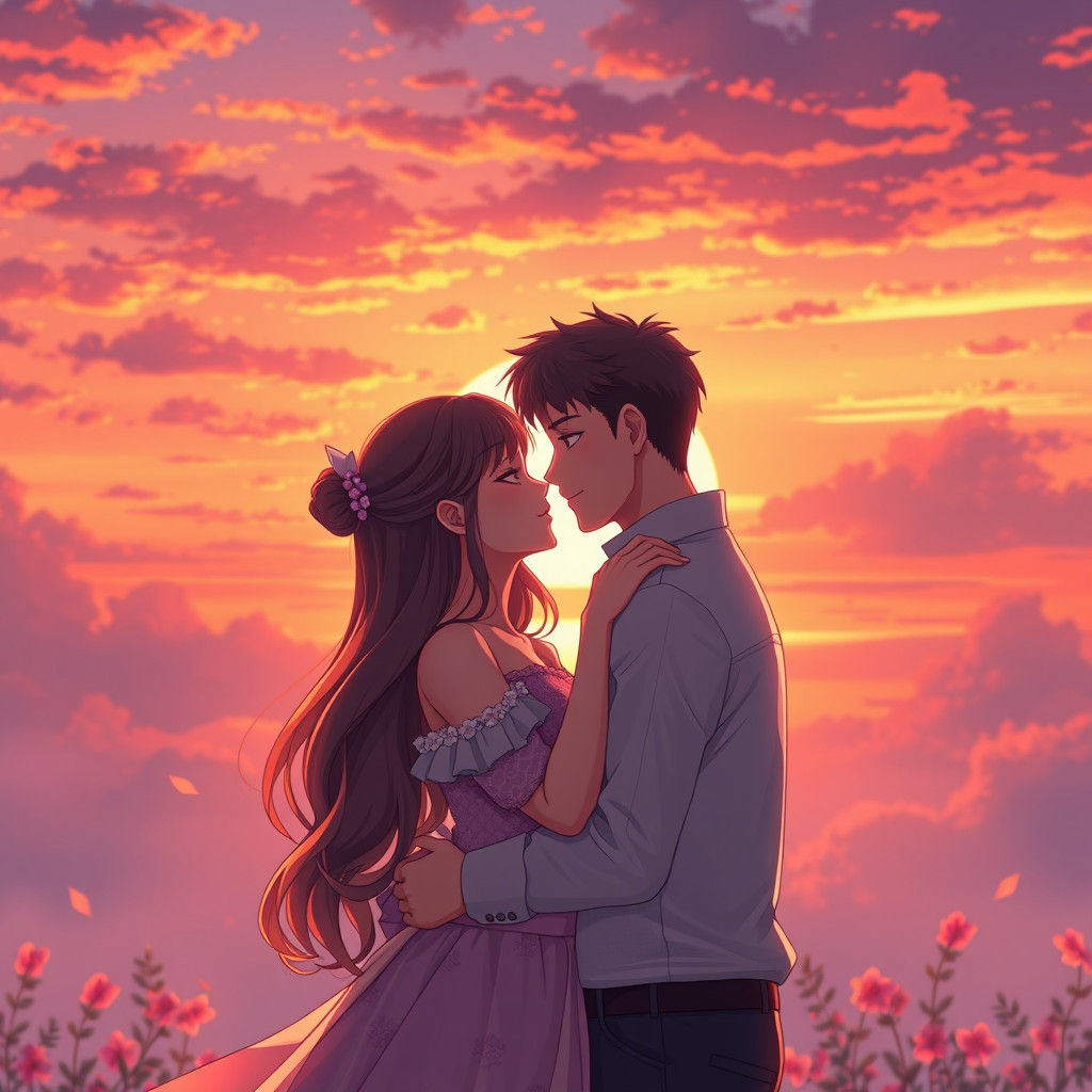 Romantic Anime Couple Embrace at Sunset in 8k