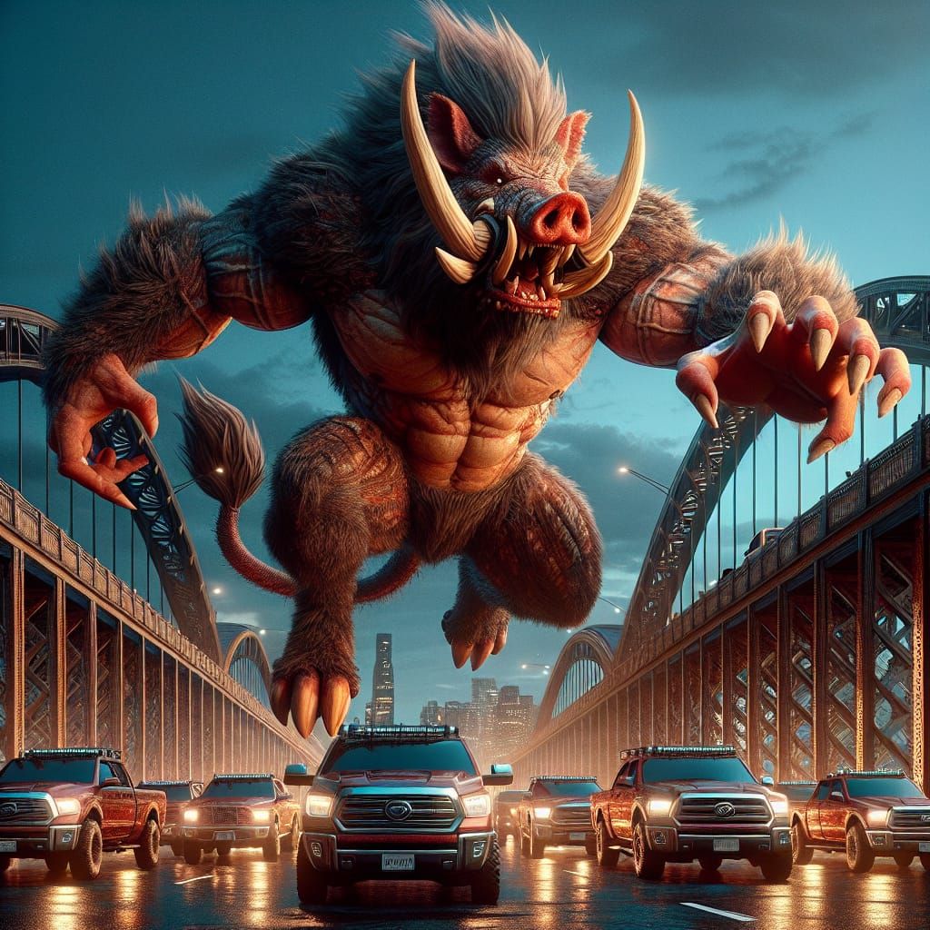 Towering Wereboar-Jaguar Hybrid Leaps Over City Bridge