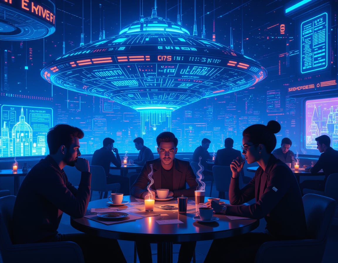 Glitchcore Spaceship Cafe with ETs Sipping Coffee