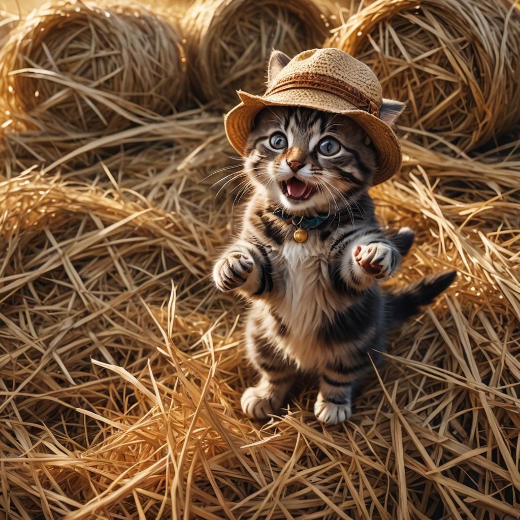Kitten in Hat Jumping on Hay: Fantasy Art