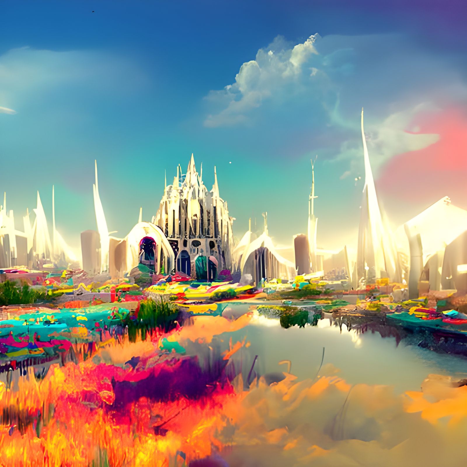 City of Cathedrals: Cel-Shaded Digital Illustration