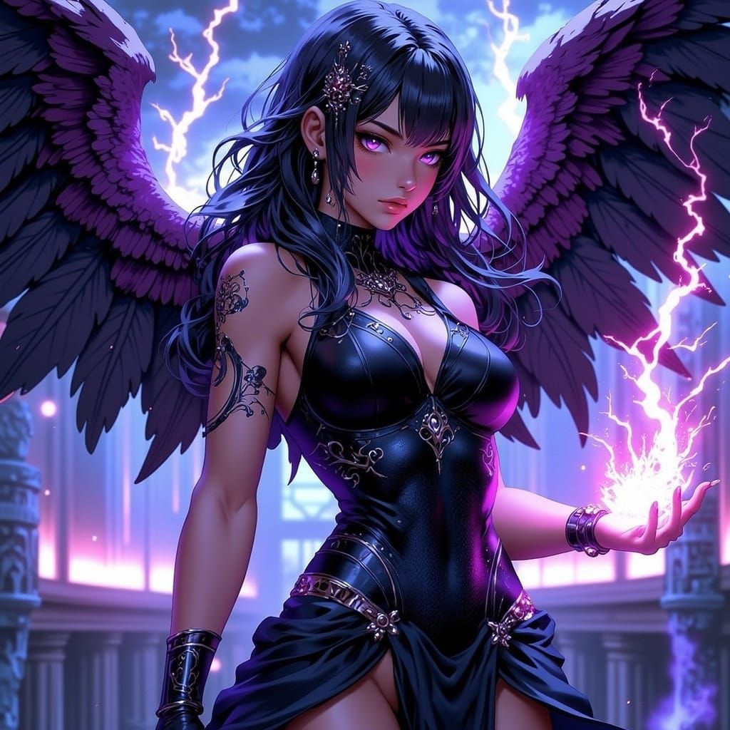 Enchanting Fallen Angel Conjures Lightning in Temple