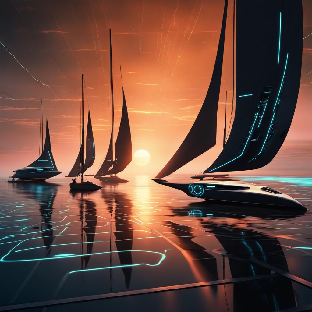 Futuristic Tron Sailboats at Space Sunset