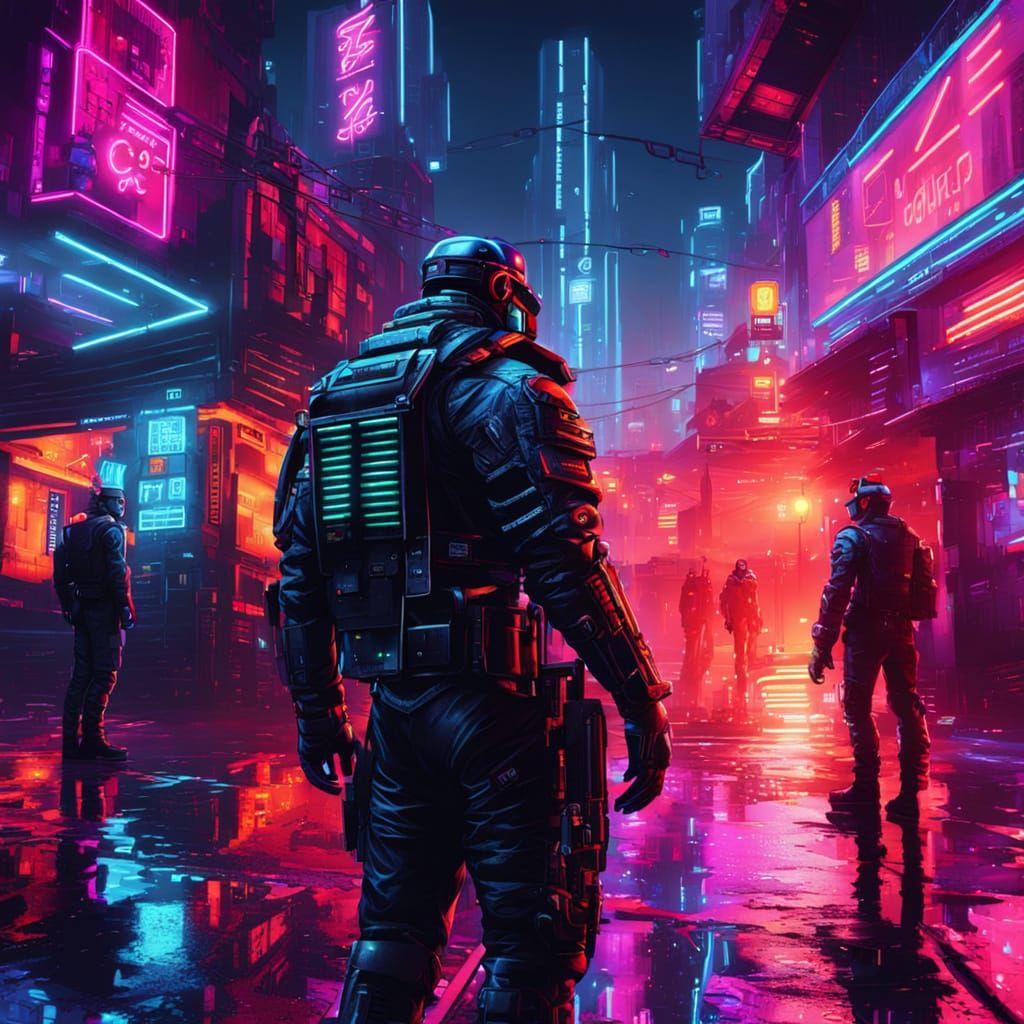 Cyborg Cop Encounter in Neon Cybercity