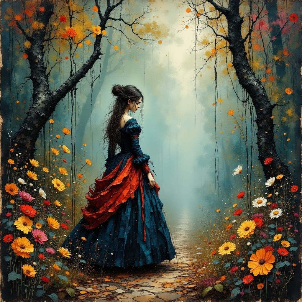 Victorian Woman in Misty Forest, Art Nouveau Style