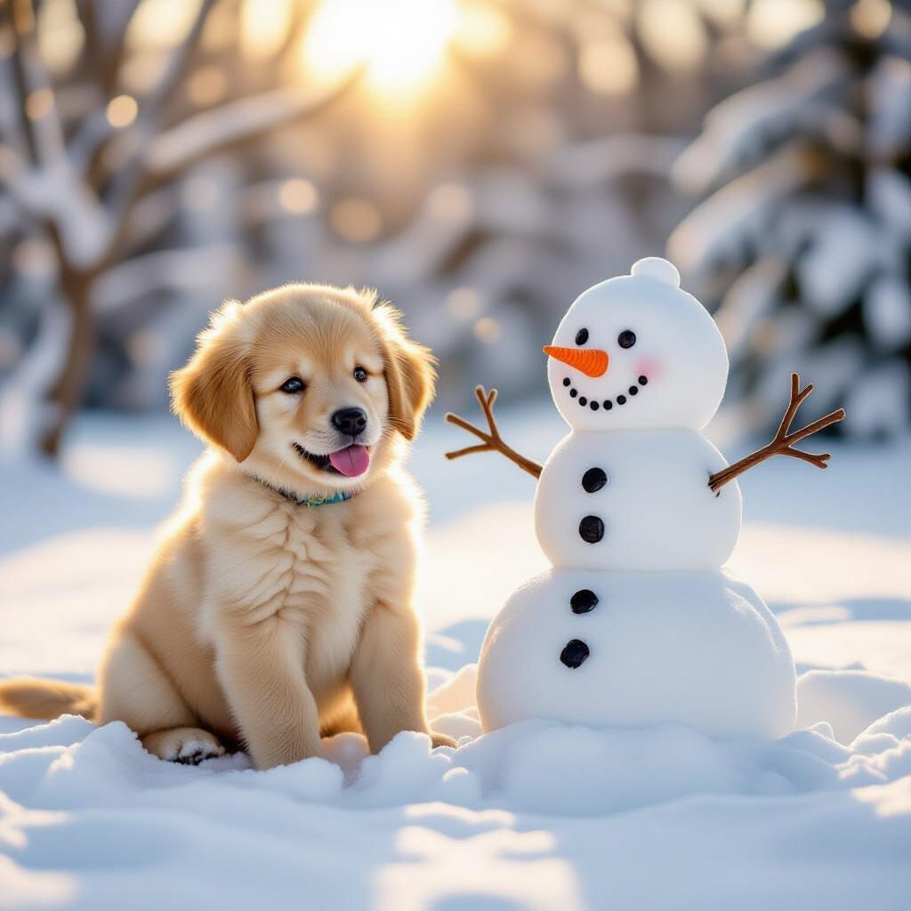 Fluffy Puppy and Snowman in Winter Wonderland