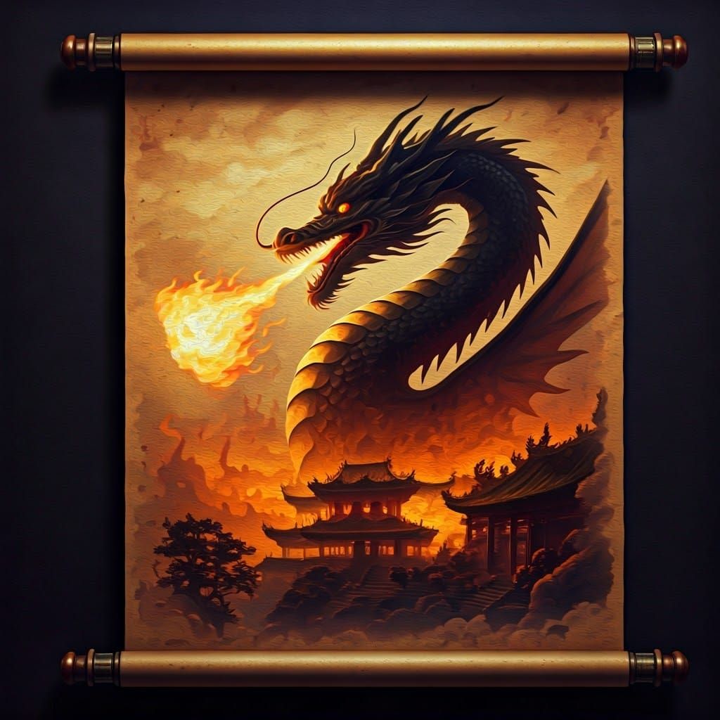 Mystical Chinese Scroll Depicts Dragon Amidst Inferno