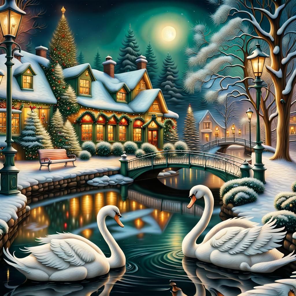 Seven Swans Swimming in Winter Wonderland