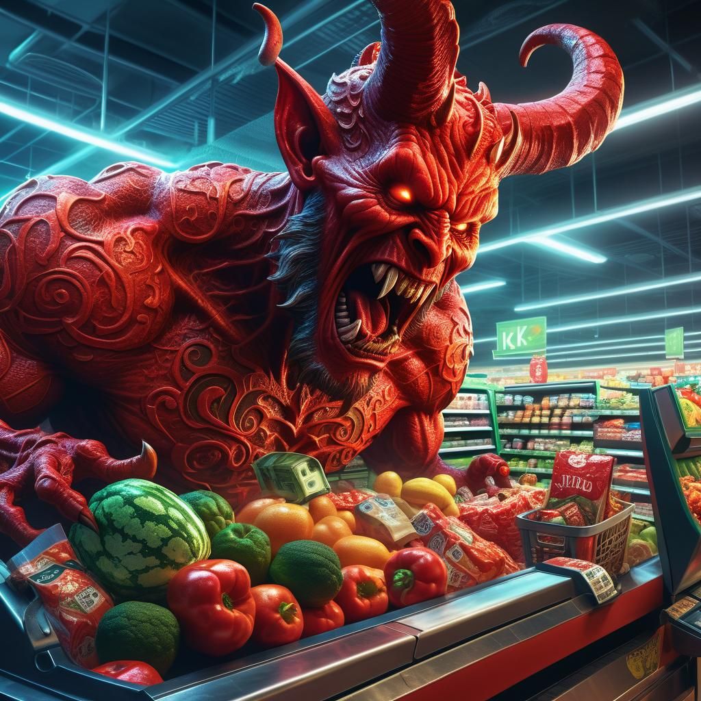 Cartoon Devil Yelling at Cashier in Grocery Store