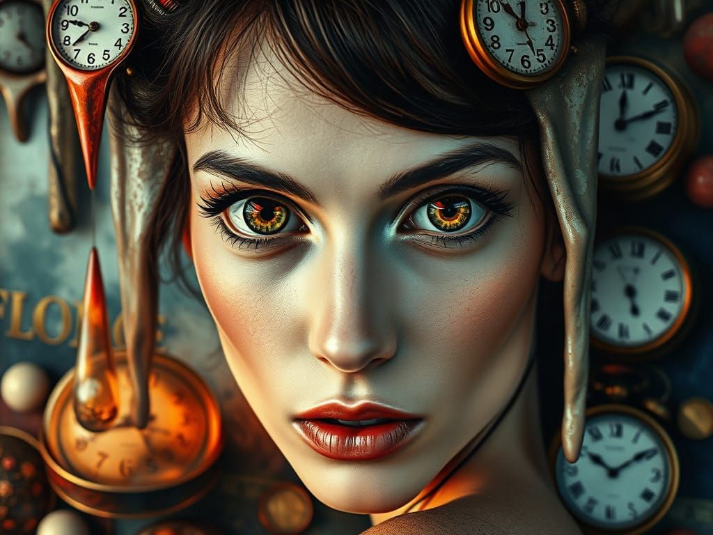 Surreal Portrait with Fractal Eyes and Melting Clocks in Oil...