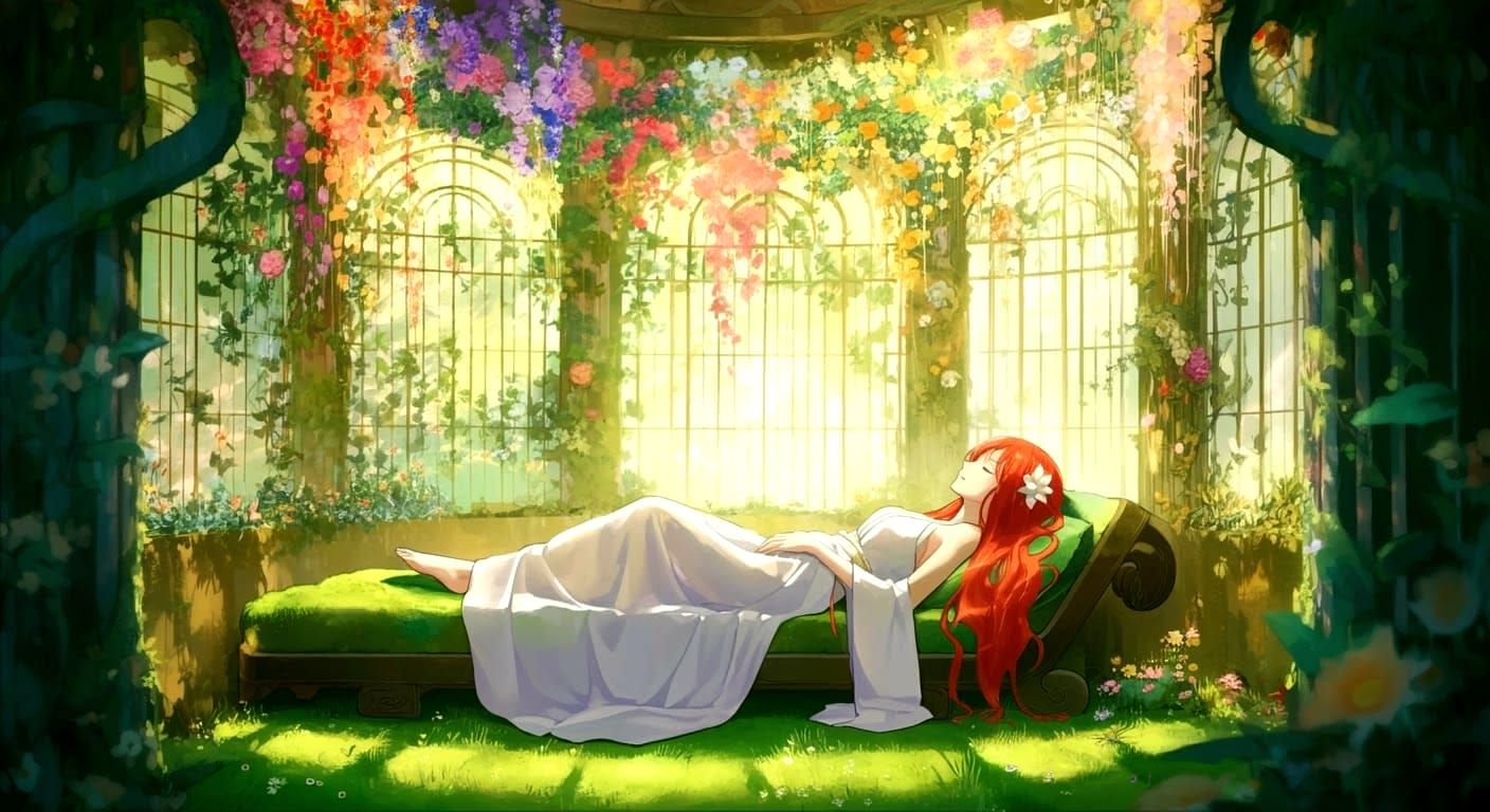 Vibrant Garden Room with Redhead in Anime Style