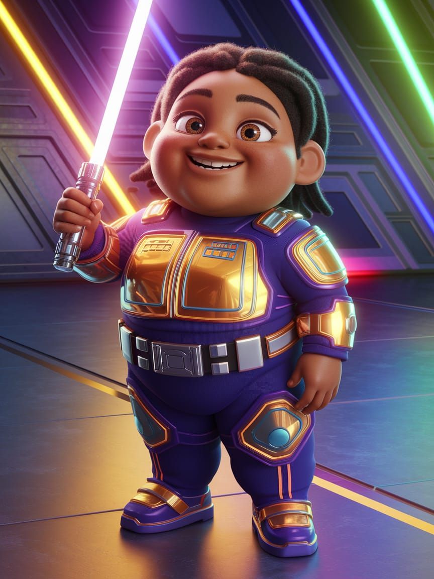 Young Black Girl in Futuristic Uniform Holds Light Saber wit...