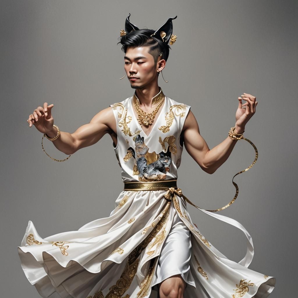 Asian Man with Cat Ears Dancing Realistically