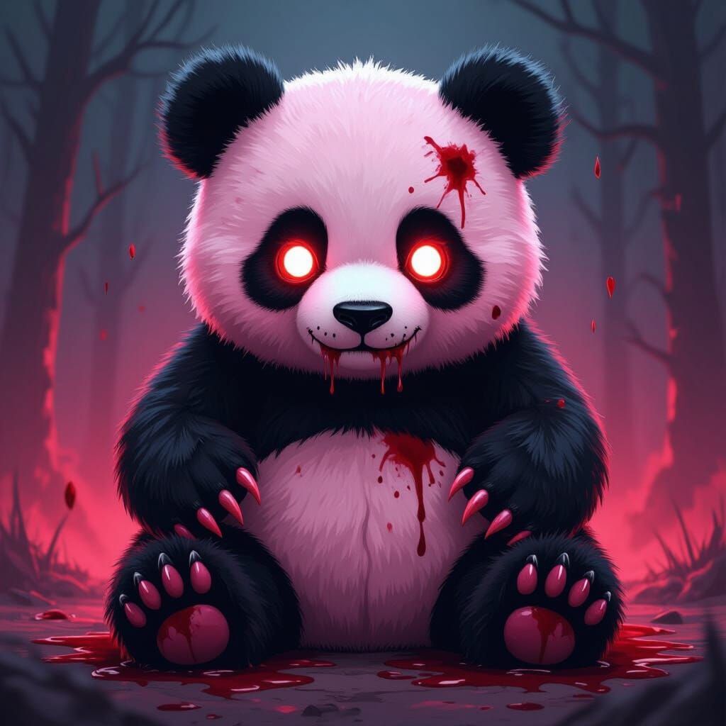 Creepy Pink and Black Panda Horror Art