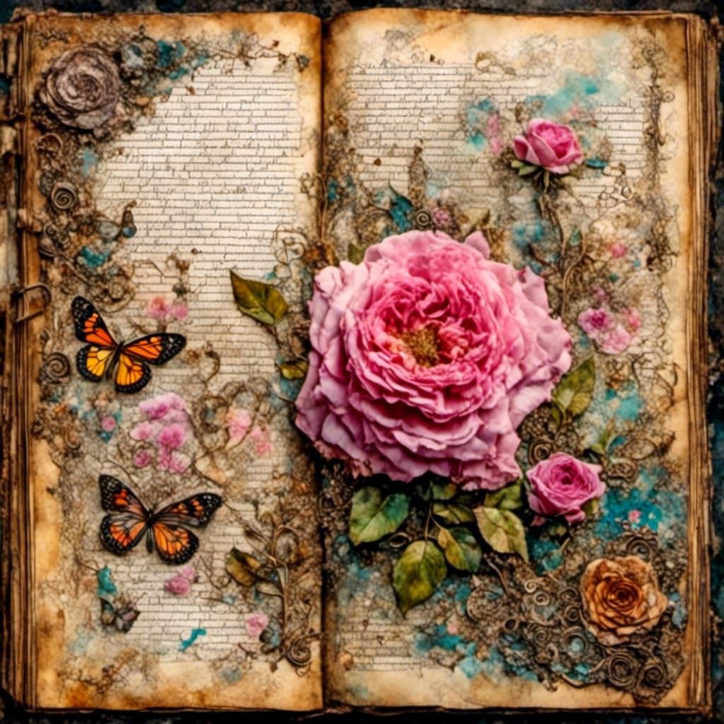 Scrapbook Journal Page with Rose in Mixed Media