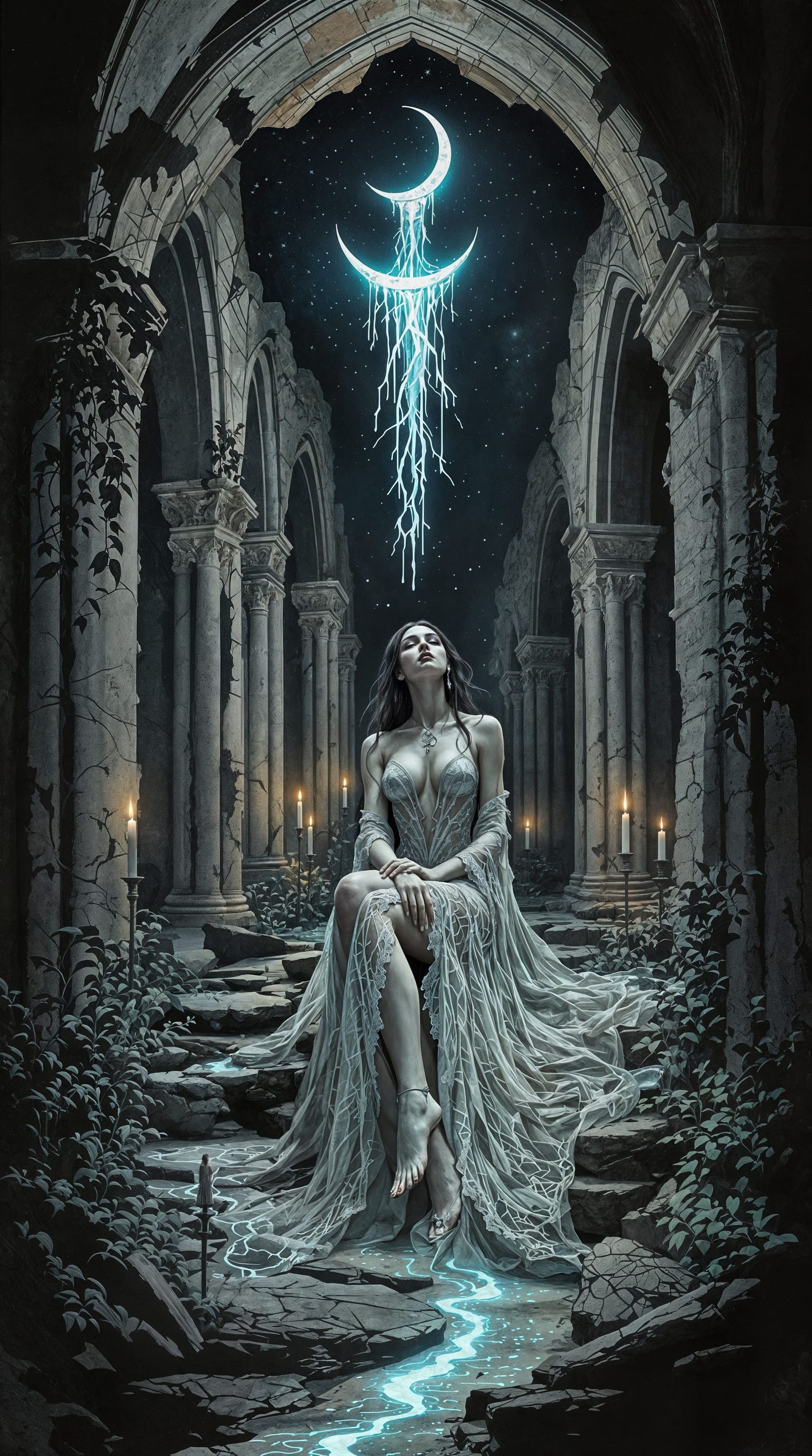 Siren in Moonlit Gothic Ruins with Oil Pastel Accents
