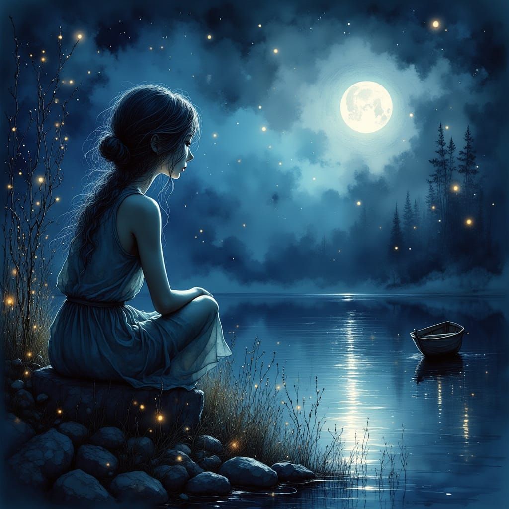 Serene Figure Gazes Over Moonlit Lake with Fireflies