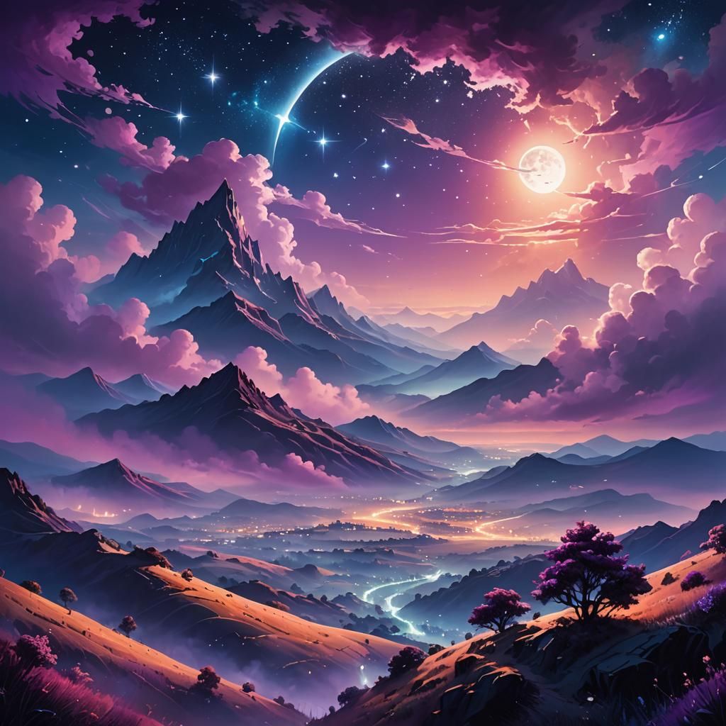 Mystical Dreamscape Painting with Ethereal Lights